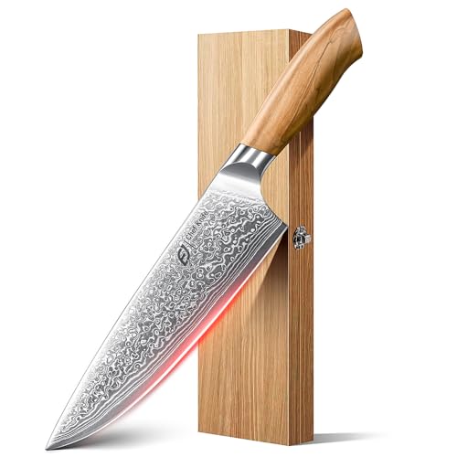 Damascus Chef Knife in Japanese Steel, 67-Layers Damascus Kitchen Knife with Wooden Gift Box and Original Olive Wood Handle, Cooking Knives for Home Kitchen Gift Idea