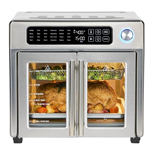 Emeril Lagasse Extra Large French Door Air Fryer Toaster Oven Combo, 24 Cooking Functions and Digital Controls, 7 Accessories Included, Stainless Steel Finish, 26QT Capacity