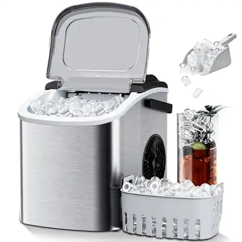 Countertop Ice Maker 26lbs/24H Portable Ice Machine with 2 Sizes of Ice Cubes, 9 Ice Cubes in 8 Mins, Stainless Steel Design Ice Scoop & Basket Included Self-Cleaning for Home, Kitchen, Bar, RV