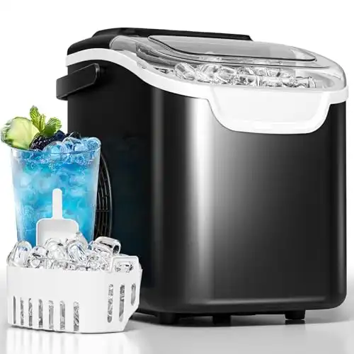 Countertop Ice Maker with Handle, 26.5lbs in 24Hrs with 2 Sizes, 8 Ice Cubes Ready in 6 Mins, Auto-Cleaning Small Portable Ice Maker with Basket and Scoop for Home/Office/Kitchen/Camping/RV, Black