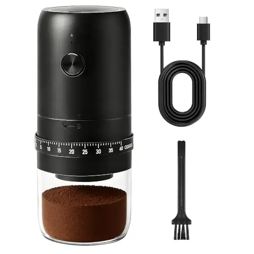 Portable Electric Burr Coffee Grinder with 40 Adjustable Settings & External Adjustment, 1800mAh Rechargeable Base Coffee Bean Grinder with Conical Ceramic Burr for Travel, Camping, Home & Office Use