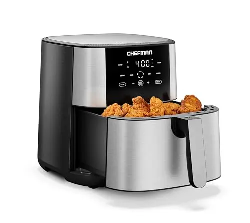 Chefman Air Fryer 8 Qt | TurboFry® 4-in-1 with 450°F Hi-Fry Option for Crispier Results | Air Fry, Bake, Dehydrate, Frozen | XL Nonstick Dishwasher-Safe Basket | Stainless Steel