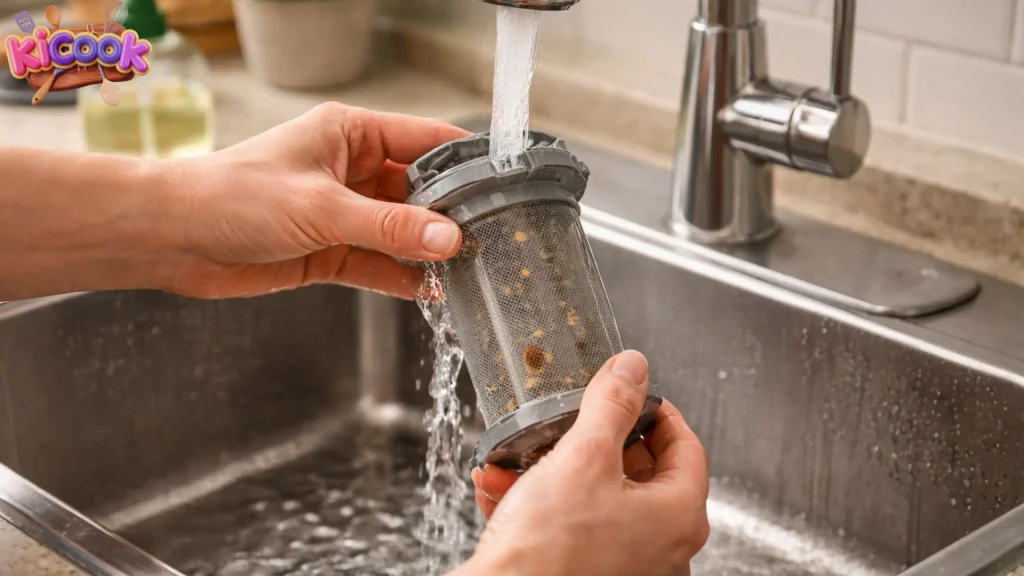 Cleaning the dishwasher filter under running water