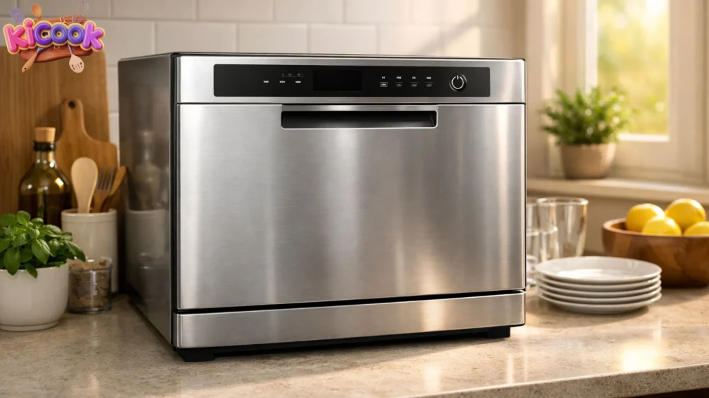 Modern countertop dishwasher in a cozy kitchen