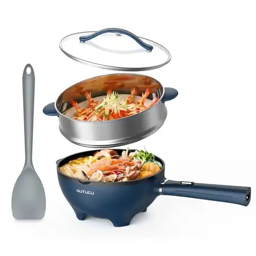 AUTUCU 3-Quart Electric Hot Pot & wok Nonstick with Steamer | Electric Skillet 1200W for Dorm, Home, Gifts (Includes Silicone Spatula) Multi-Cooker