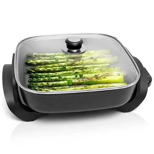 Moss & Stone Square Nonstick Electric Skillet With Lid, Aluminum 12x12 Inch Electric Frying Pan 5Qt, Nonstick Cooking Surface, Adjustable Temperature Control, Vented Glass Lid, Heat-Resistant Handle