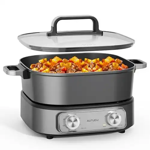 AUTUCU Electric Skillet 6-Quart Hot Pot Nonstick - PFOA-Free Ceramic Coating Pot, 1600W, Timer & 3 Power Settings for Steak, Egg, Ramen