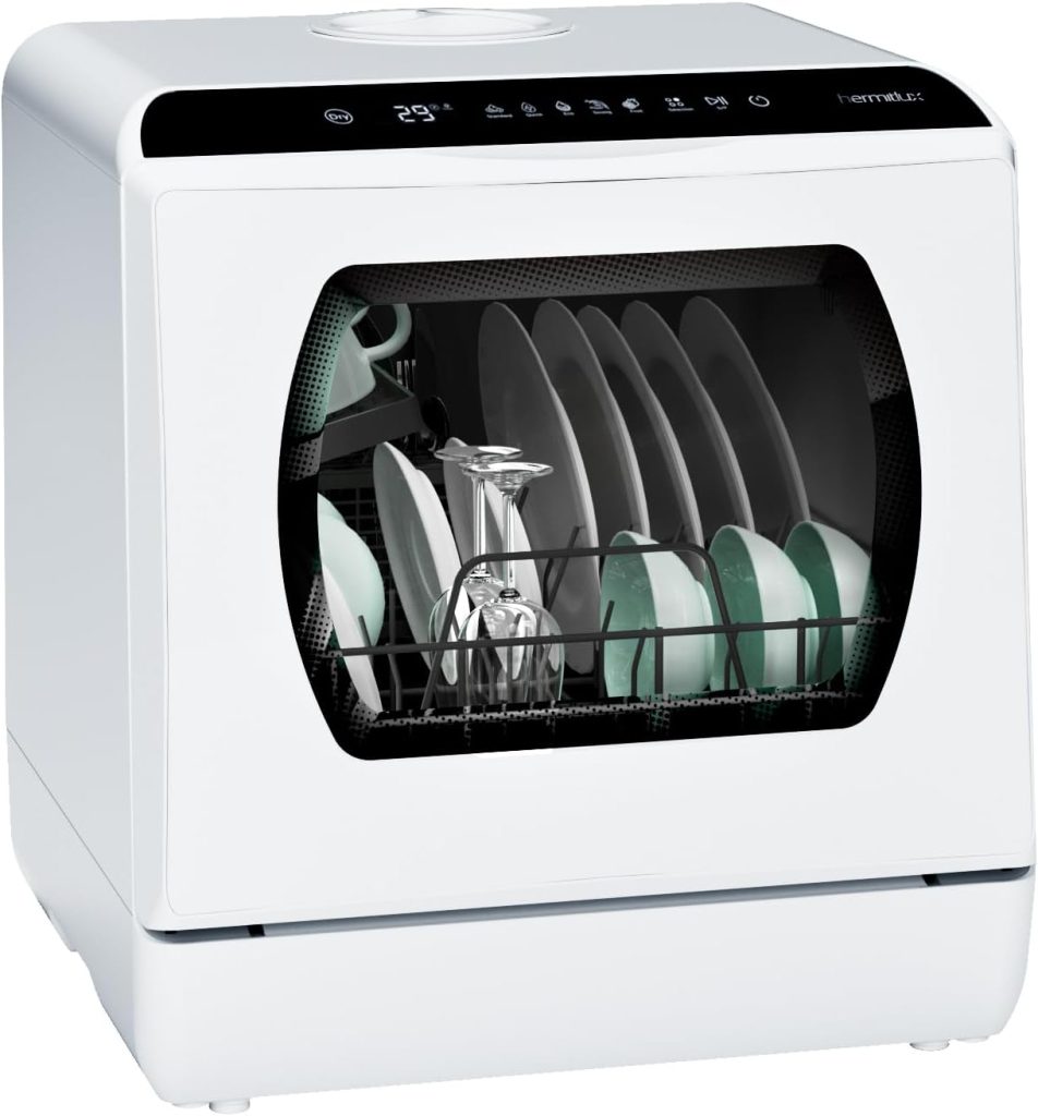 Hermitlux Portable Countertop Dishwashes, 5 Washing Programs Mini Dishwasher with 5-Liter Built-in Water Tank for Apartments & RVs, Tabletop Dishwasher.