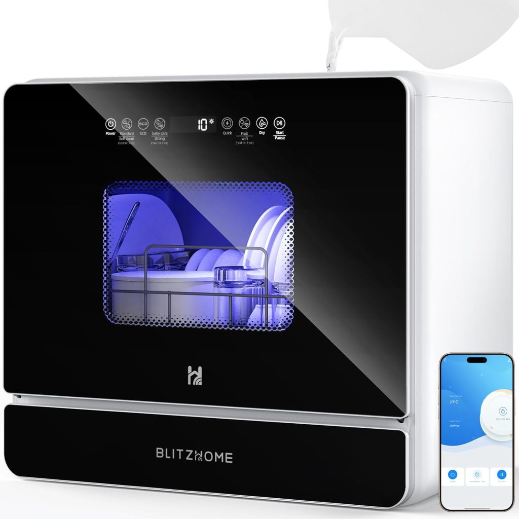 
BLITZHOME WiFi Countertop Portable Mini Dishwasher, Smart 9 Programs,167℉ High-Temp, Hot Air Drying