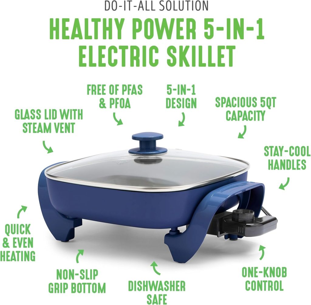 GreenLife 12" 5QT Square Electric Skillet, Glass Vented Lid, Ceramic PFAS-Free Nonstick Coated Interior, Adjustable Temperature Control, Cool Touch