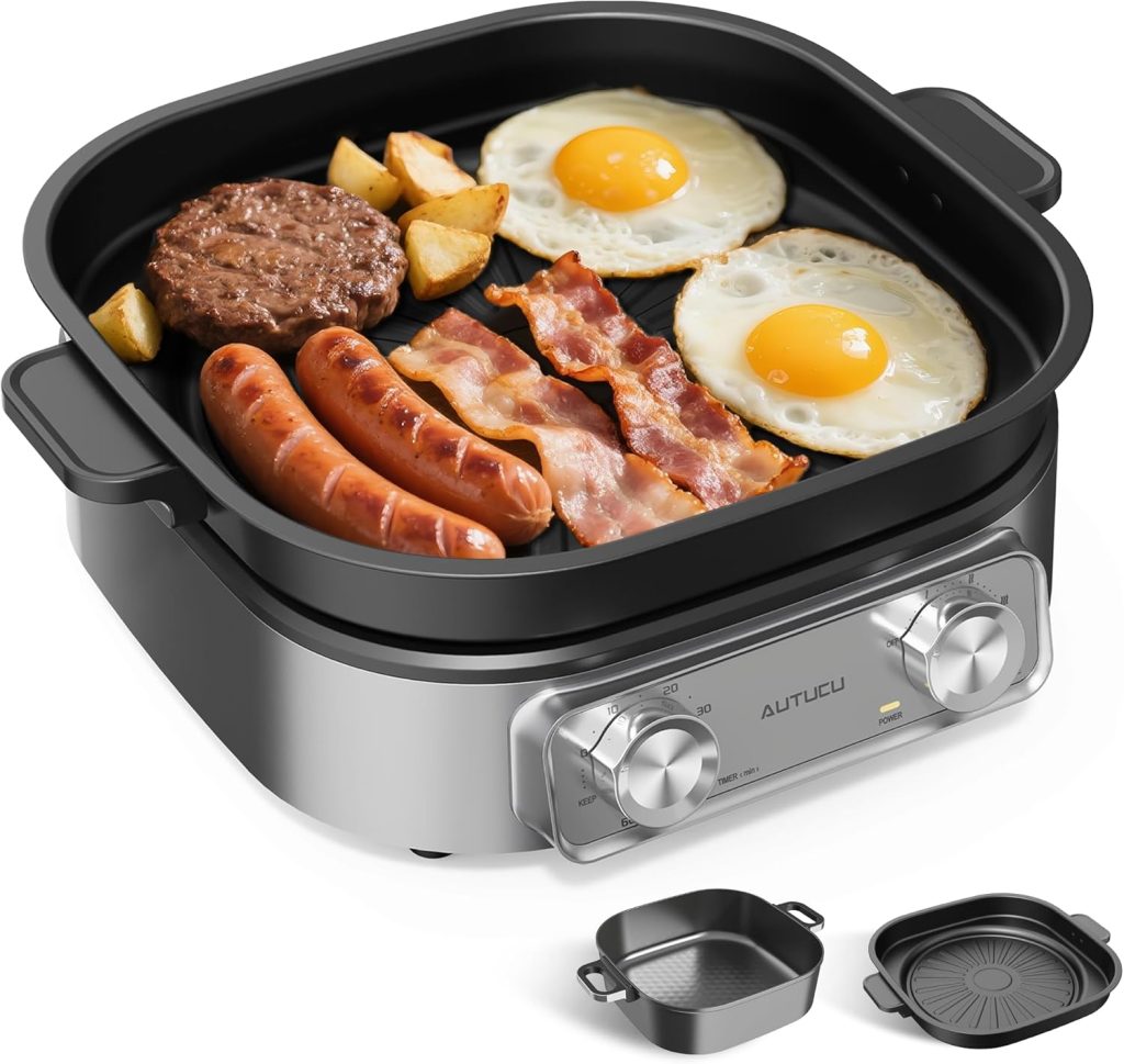 6-Quart Electric Skillet with Grill | Non-Stick PFOA-Free Ceramic-Coated Pot, 1600W, Timer & 3 Power Settings