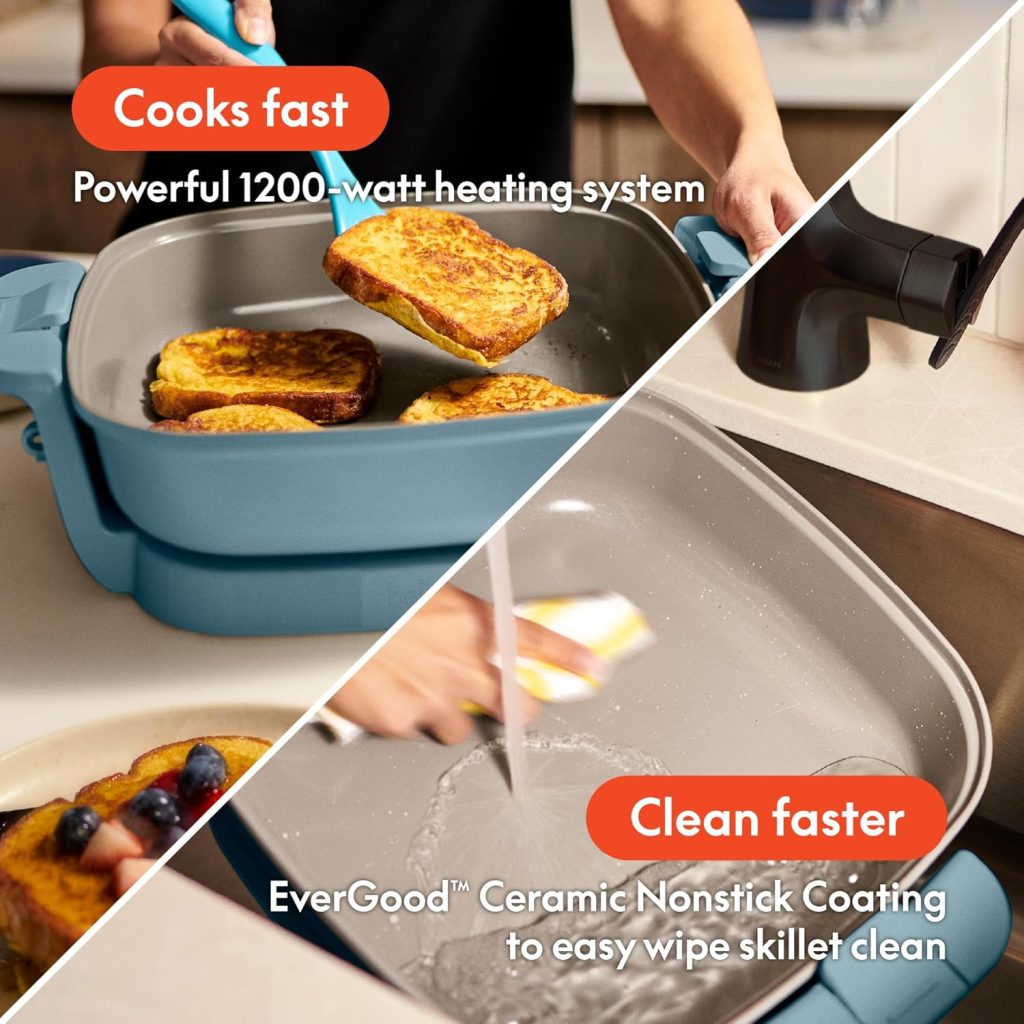 bella Make & Take Electric Skillet, Fits-anywhere™ kitchenware, EverGood™ Ceramic Coating, Adjustable Temperature & Dishwasher-Safe Tempered Glass