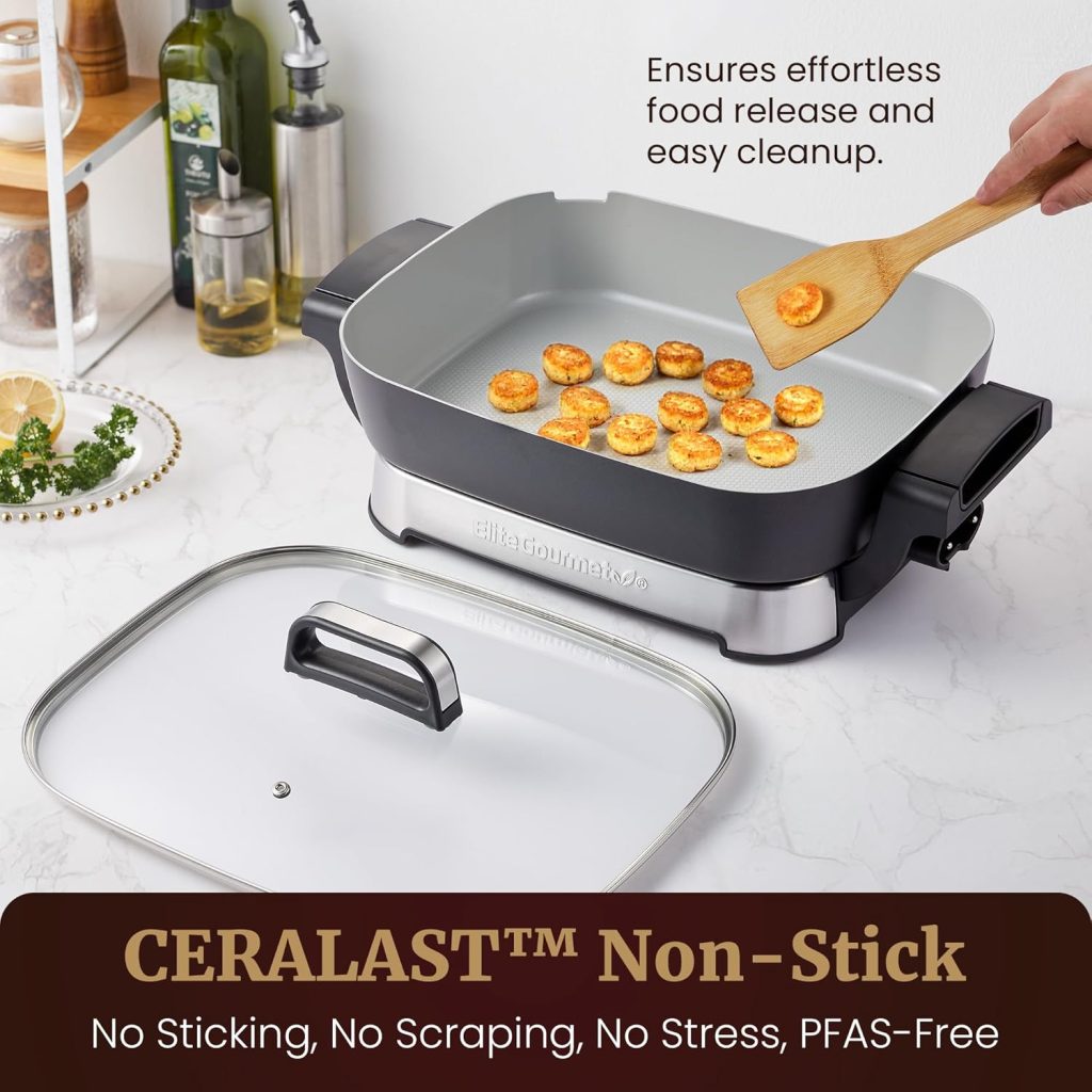 Elite Gourmet 15" x 12" x 3" Stow-Away Foldable Electric Skillet, Ceralast™ PFAS Free Ceramic, 1500W Rapid Heat, Dishwasher Safe Pan