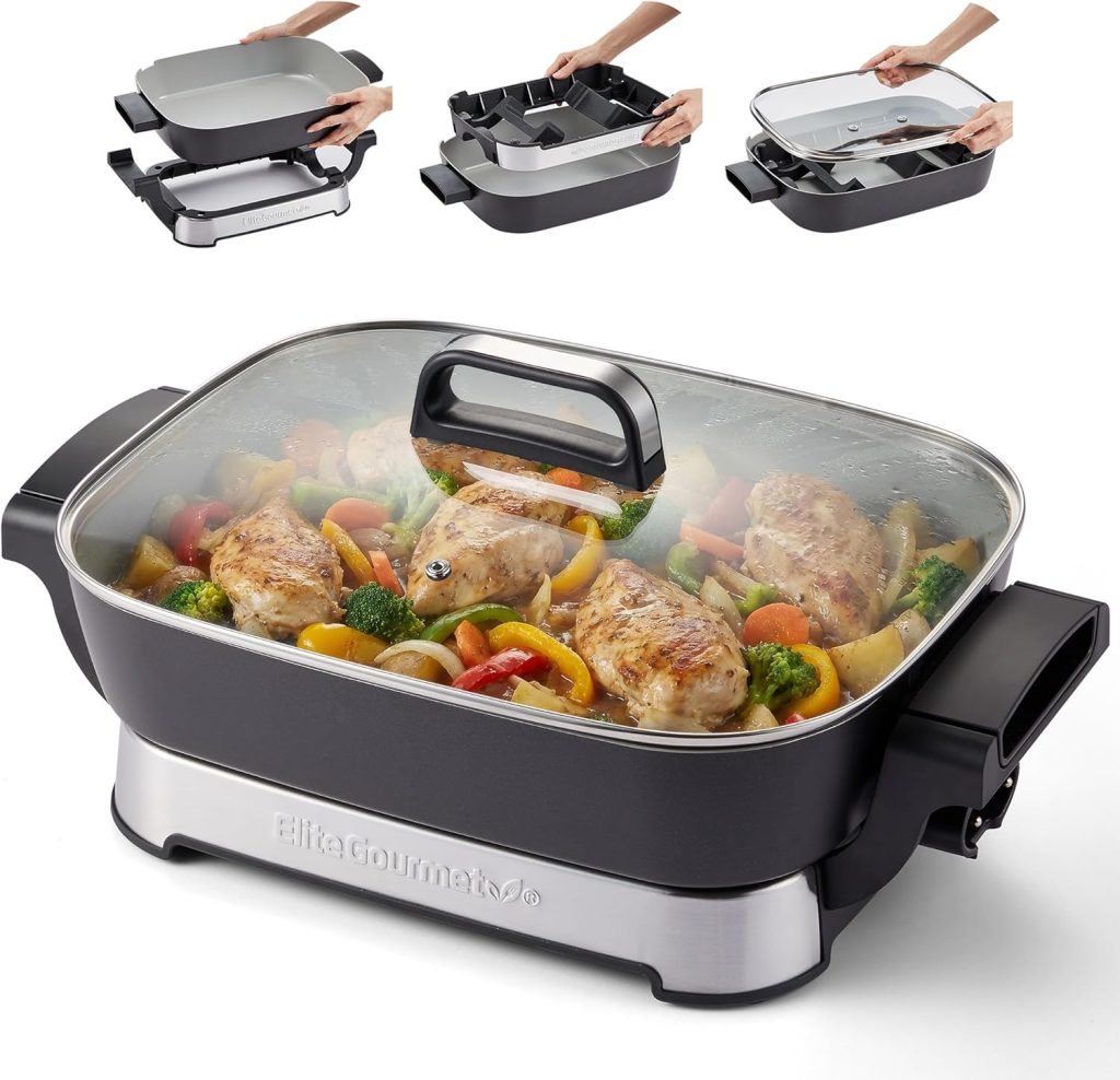 Elite Gourmet 15" x 12" x 3" Stow-Away Foldable Electric Skillet, Ceralast™ PFAS Free Ceramic, 1500W Rapid Heat, Dishwasher Safe Pan