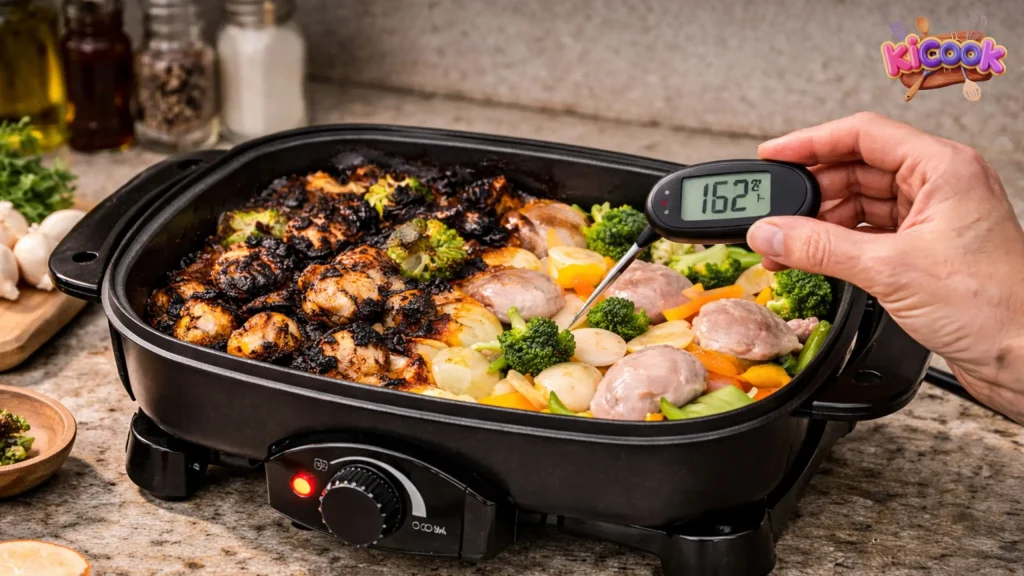 Checking food temperature in skillet