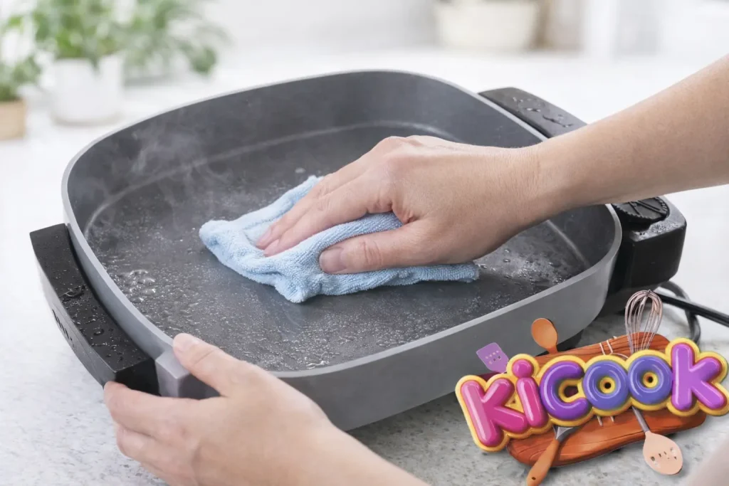 Cleaning the skillet in a bright kitchen