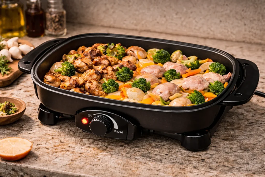 Delicious chicken stir-fry on skillet