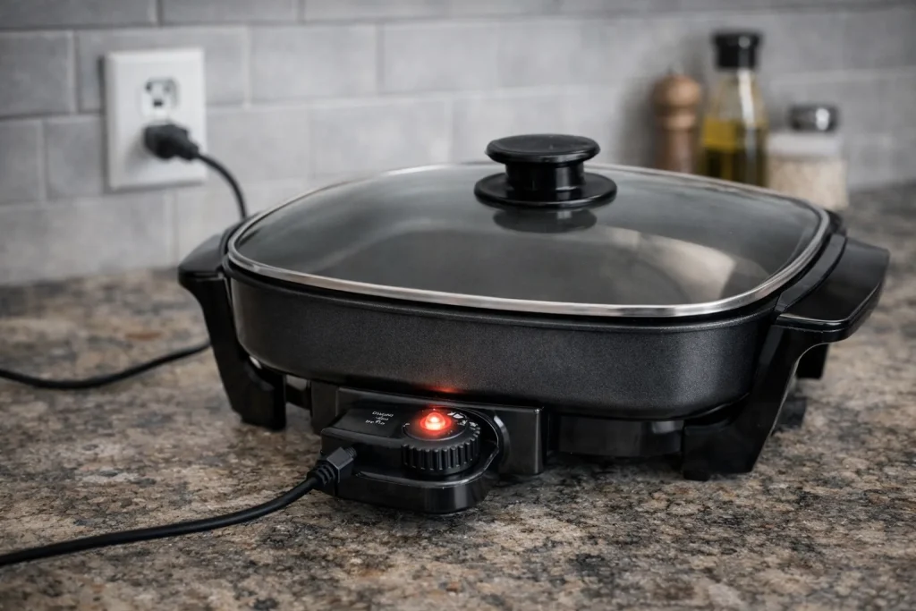 Electric skillet on speckled granite counter