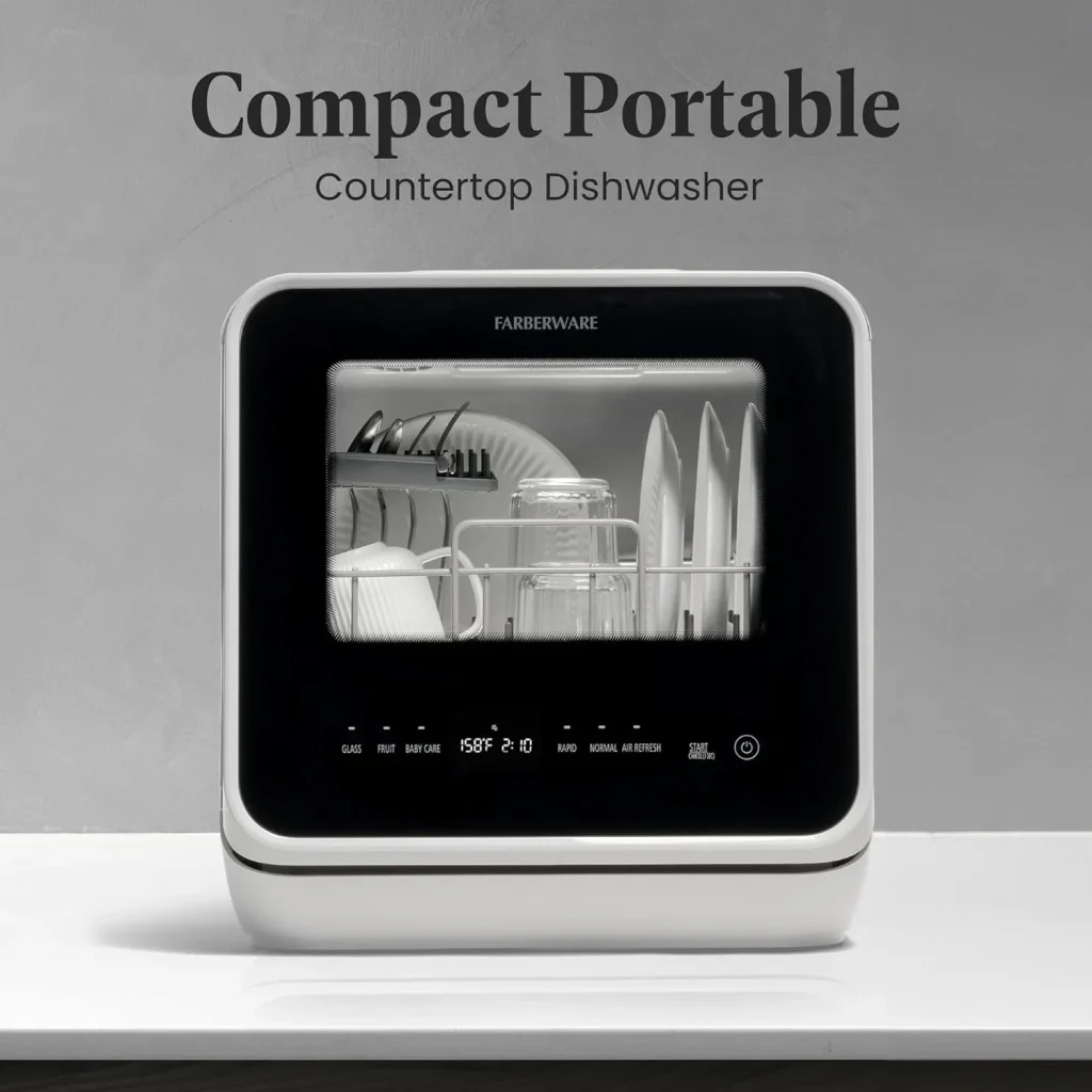 Farberware Portable Countertop Dishwasher with 5-Liter Built-in Water Tank - 5-Program System for Home, RV, and Apartment - Wash Dishes, Glass, and Baby.