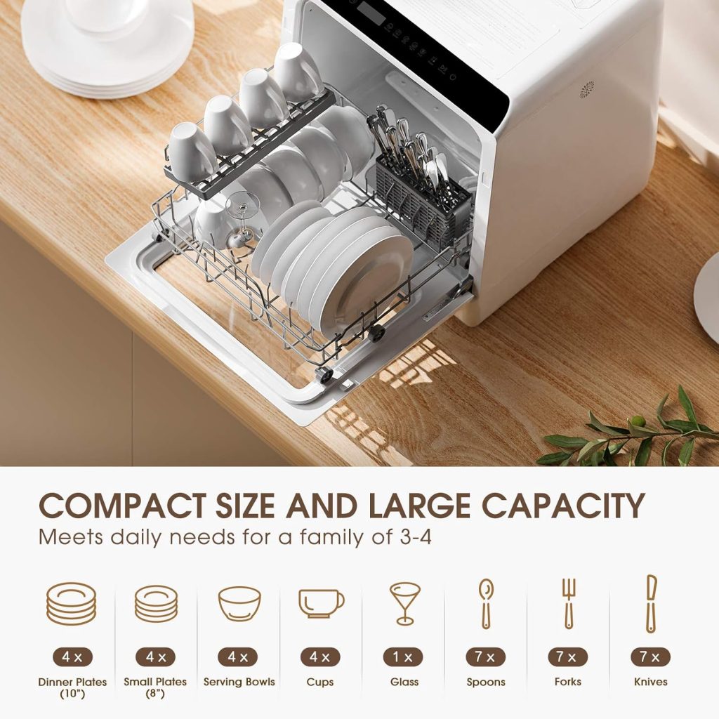 NOVETE Portable Countertop Dishwashers, Compact Dishwashers with 5L Built-in Water Tank & Inlet Hose, 5 Washing Programs