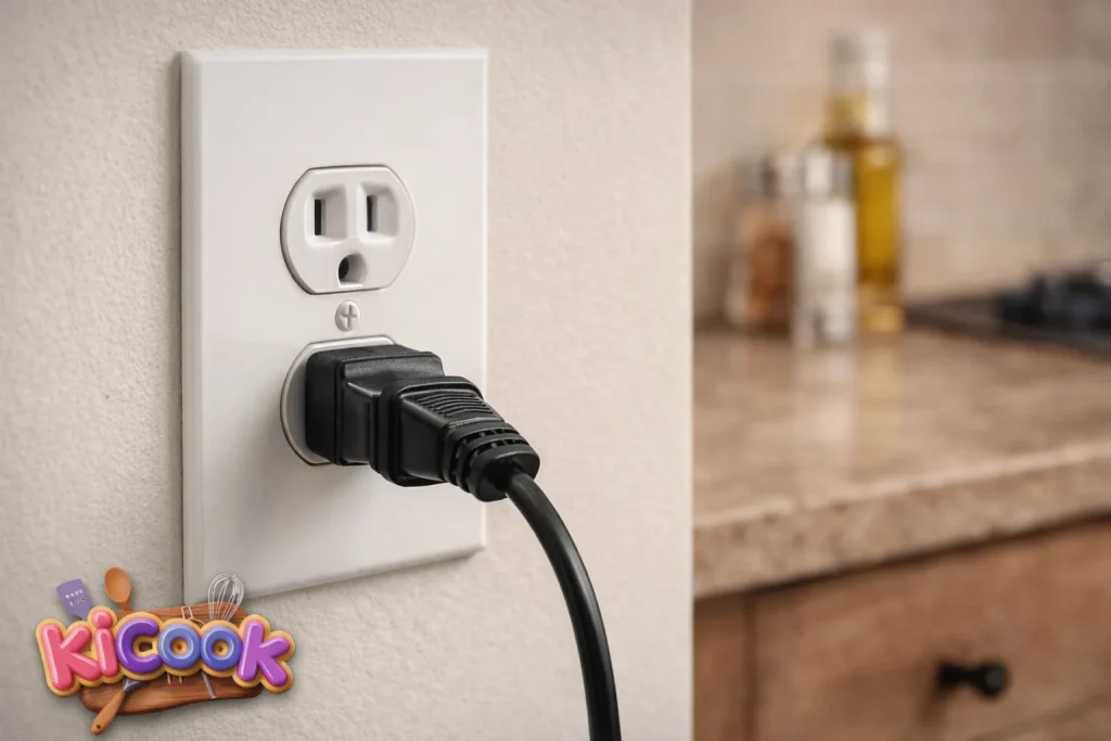 Power cord plugged into outlet in kitchen