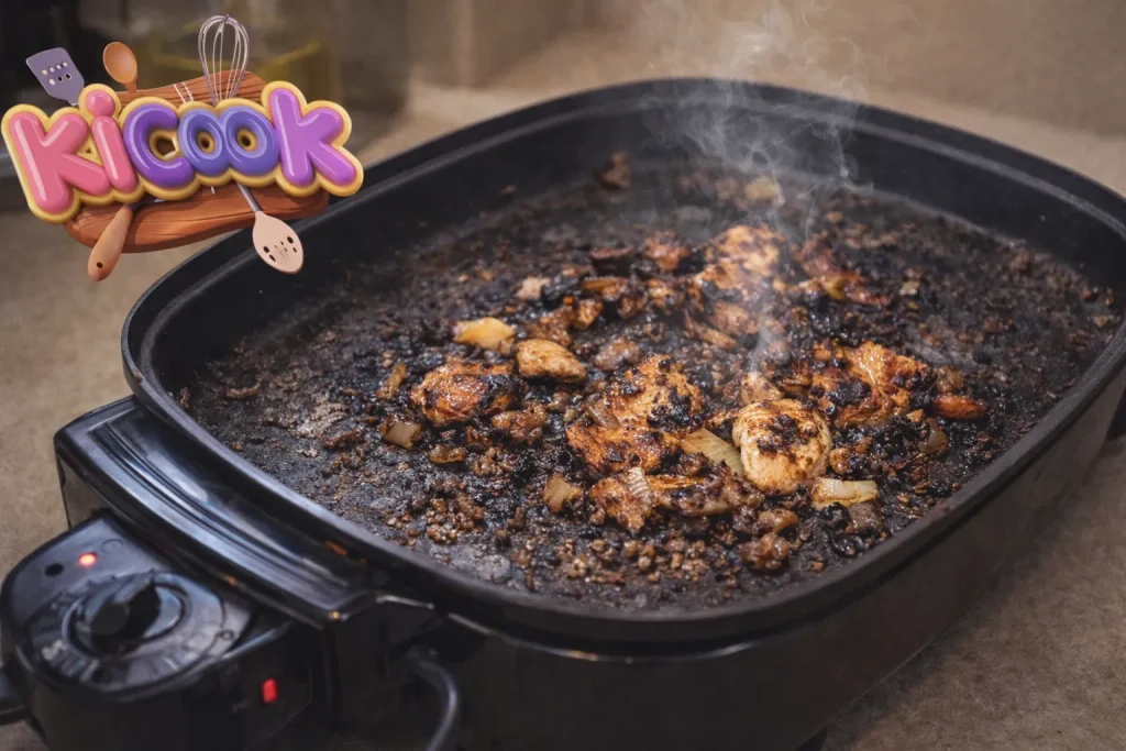Worn skillet with burnt food