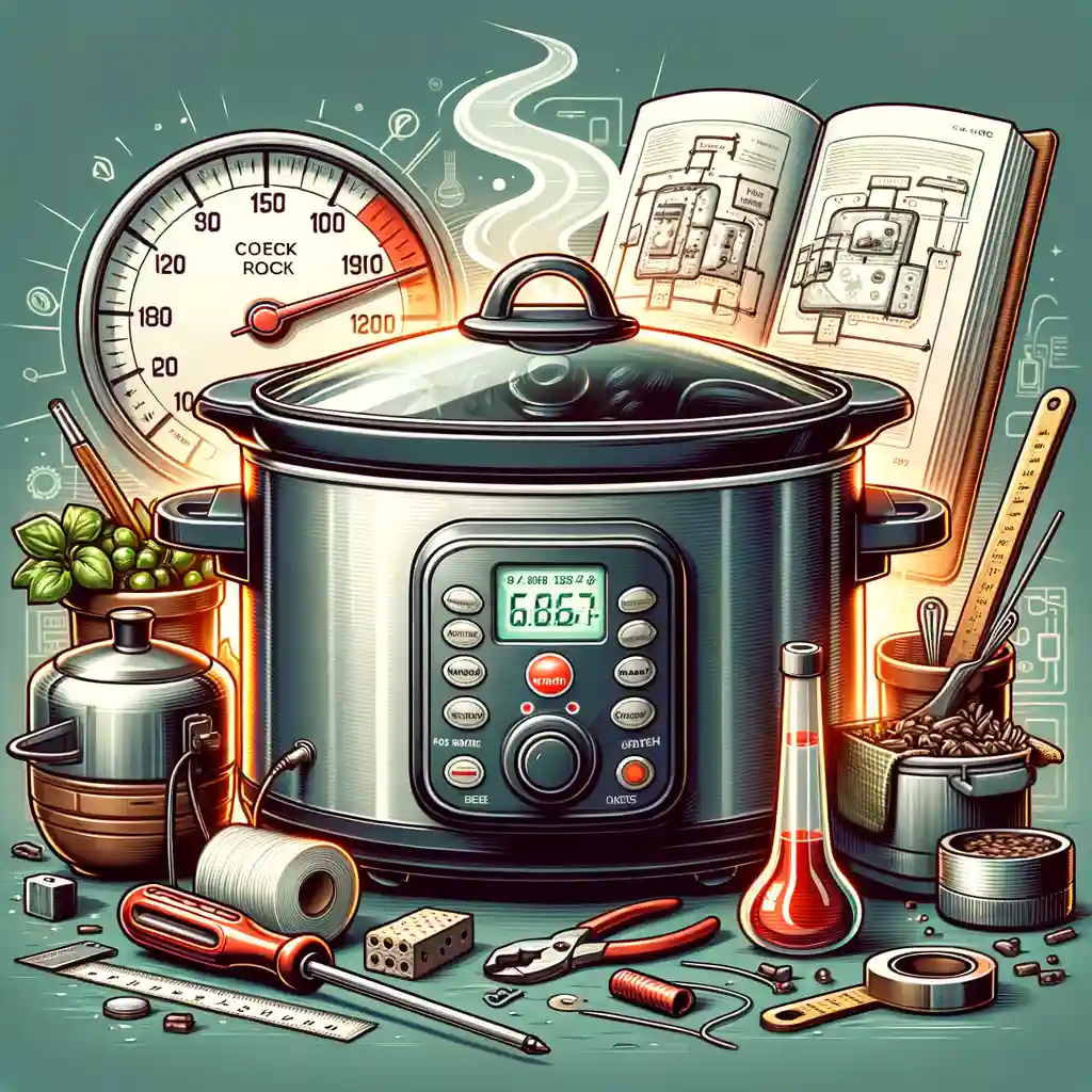 Modern slow cooker surrounded by cooking tools, ingredients, and a recipe book
