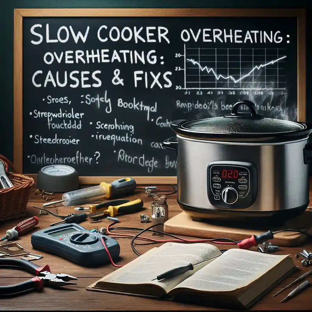 Chalkboard showing slow cooker overheating problem causes and fixes, with troubleshooting tools and an open book