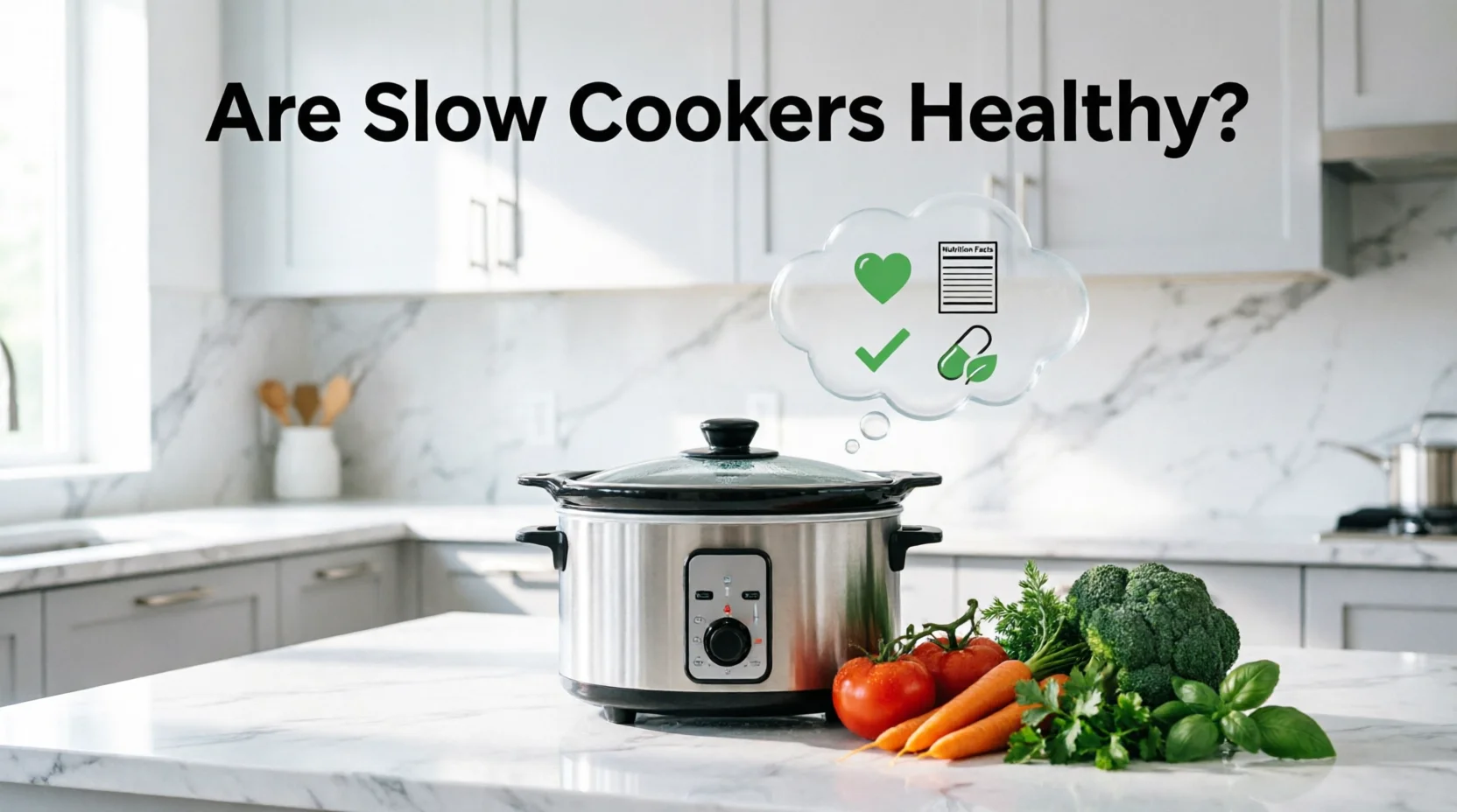 Stainless steel slow cooker on marble countertop with thought bubble showing health icons - heart, nutrition facts, checkmark, and vitamin symbol - fresh vegetables nearby, text 'Are Slow Cookers Healthy?