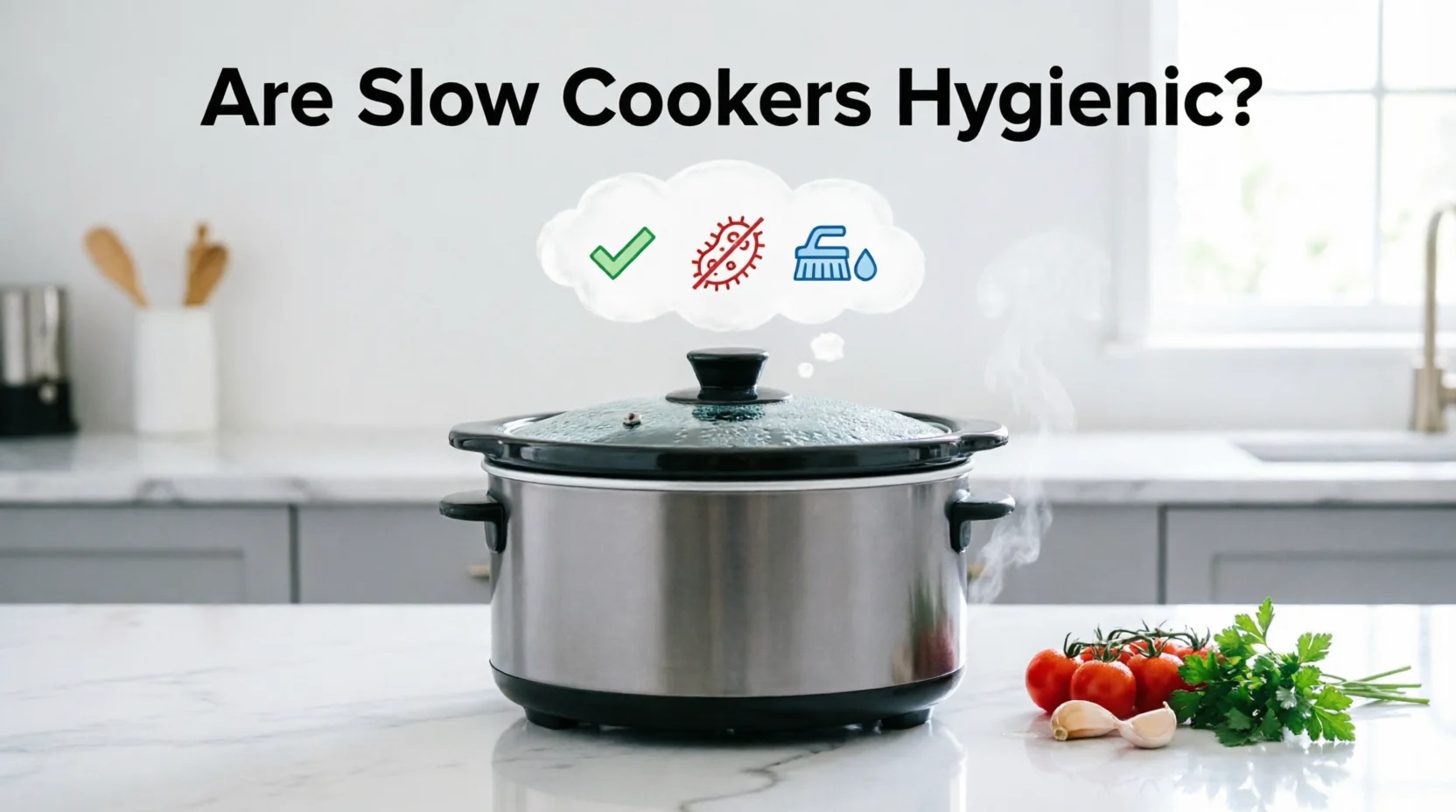 Stainless steel slow cooker on white marble countertop with thought bubble showing hygiene icons - checkmark, bacteria symbol, and cleaning symbol - with text 'Are Slow Cookers Hygienic?