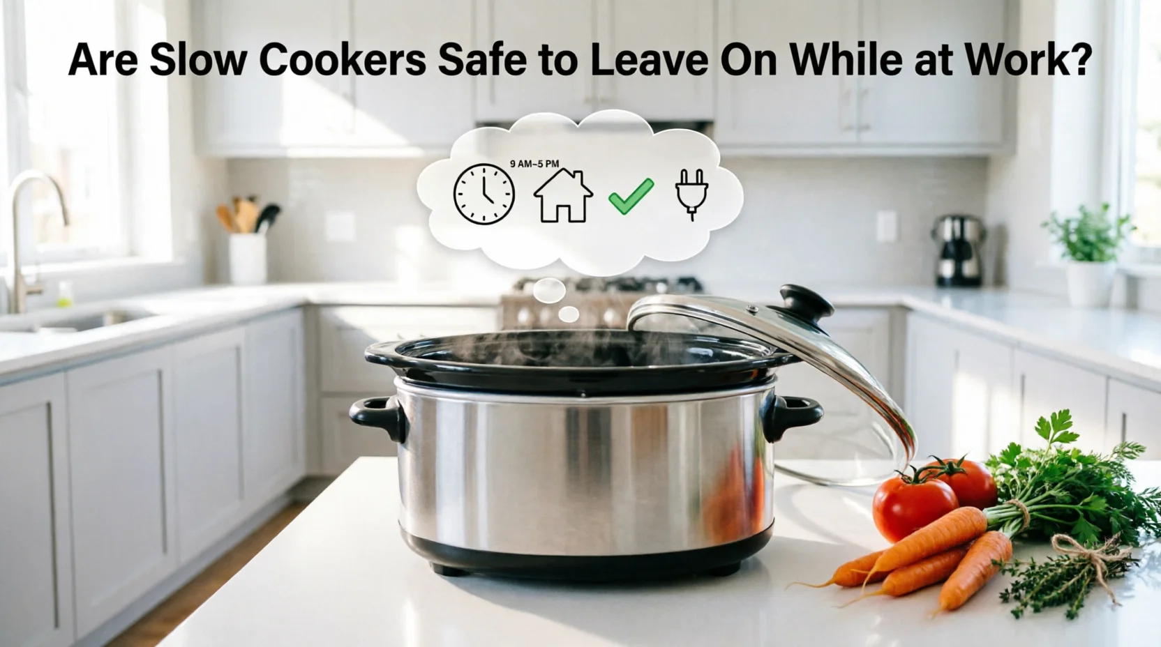 Stainless steel slow cooker on white kitchen counter with thought bubble showing clock (9 AM-5 PM), house, checkmark, and plug icons, fresh vegetables nearby, text 'Are Slow Cookers Safe to Leave On While at Work?
