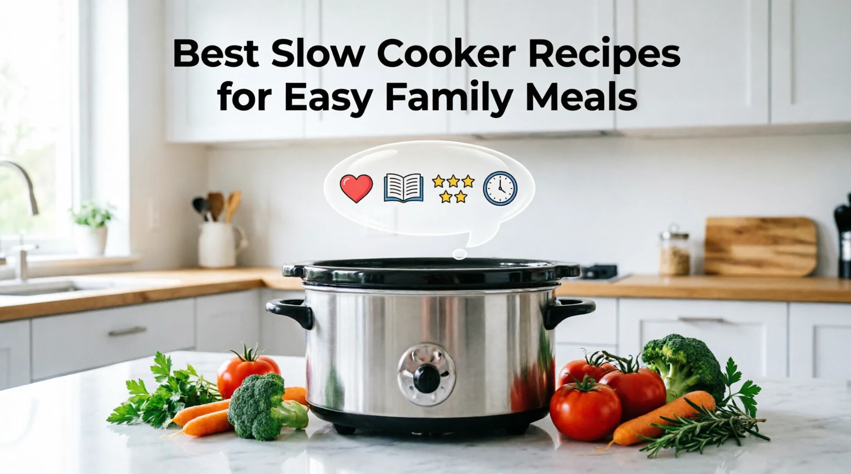 Stainless steel slow cooker on marble countertop with thought bubble showing heart, recipe book, 5 stars, and clock icons, fresh vegetables including tomatoes, carrots, and broccoli arranged around it, text 'Best Slow Cooker Recipes for Easy Family Meals