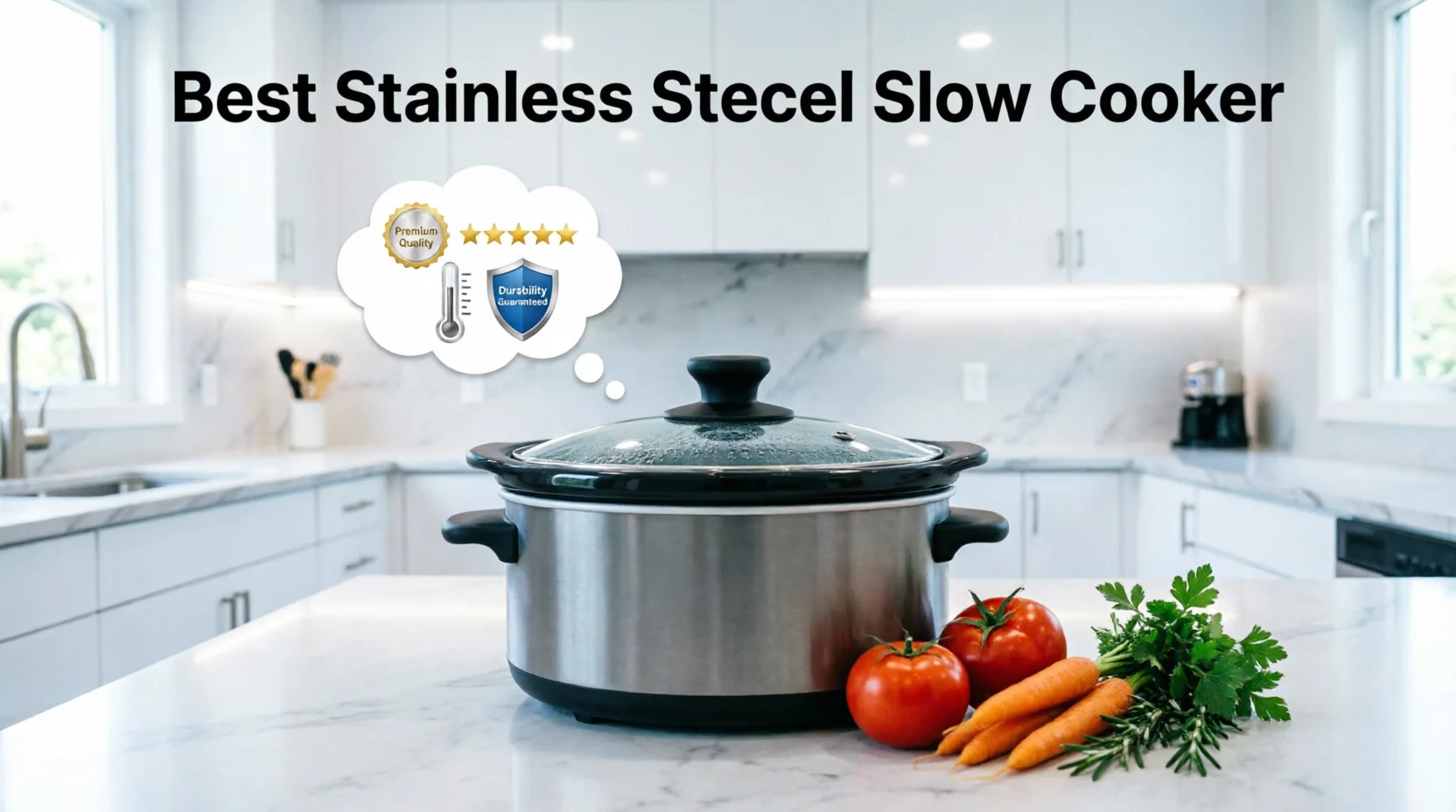 Stainless steel slow cooker with glass lid on marble countertop, thought bubble showing premium quality badge, 5 stars, thermometer, and durability shield, fresh vegetables nearby, text 'Best Stainless Steel Slow Cooker