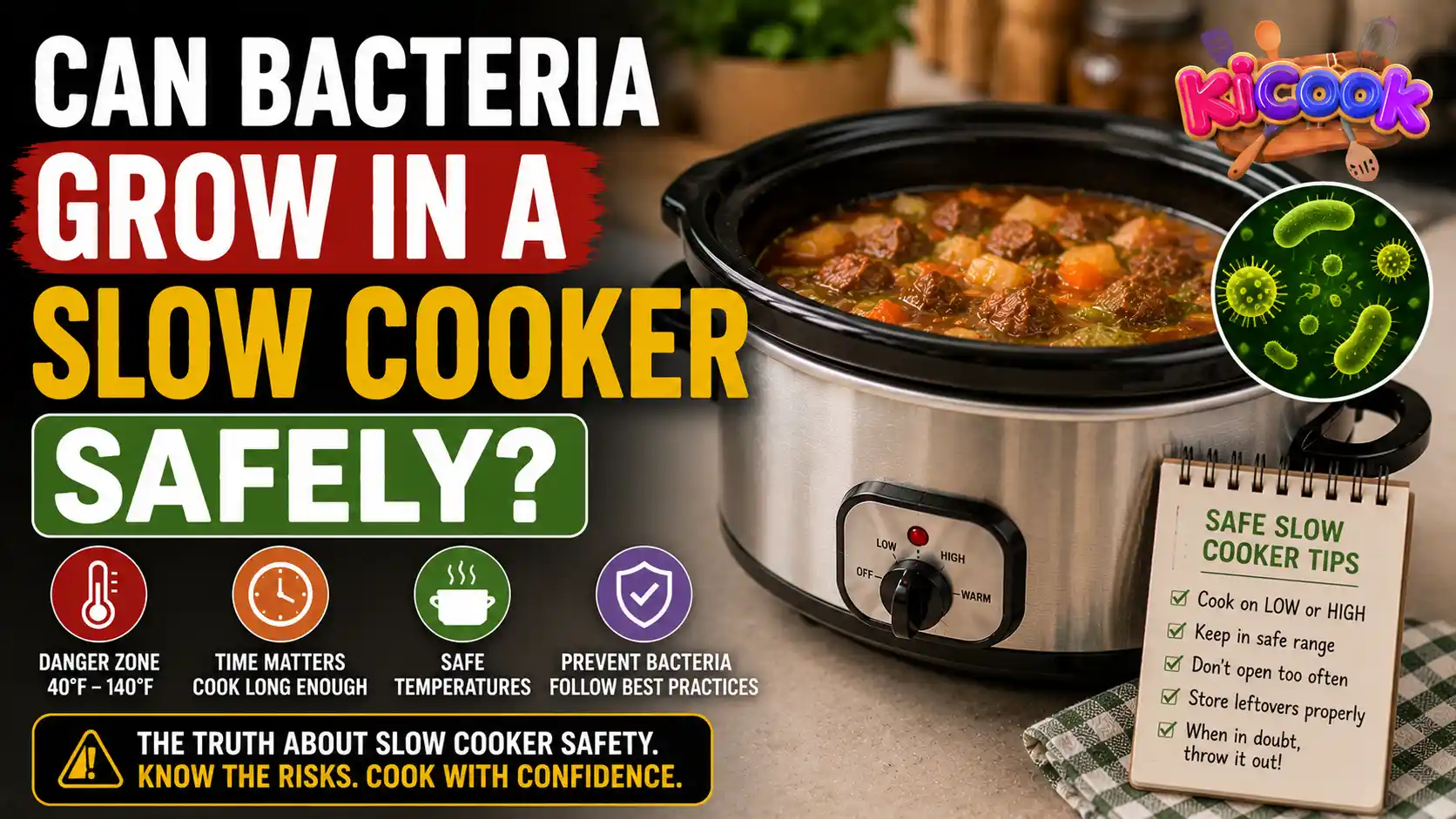 Realistic blog thumbnail showing a slow cooker with hot stew, bacteria graphics, and safety tips explaining whether bacteria can grow in a slow cooker safely.