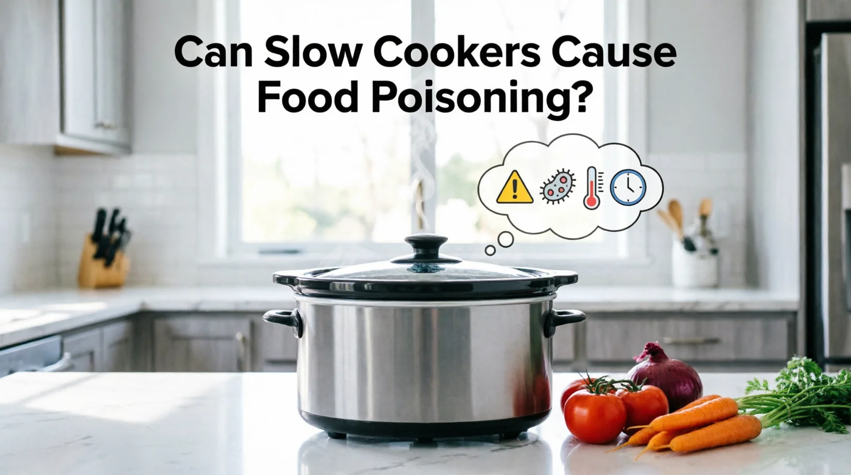 Stainless steel slow cooker on kitchen counter with thought bubble showing warning sign, bacteria, thermometer, and clock icons with text 'Can Slow Cookers Cause Food Poisoning?