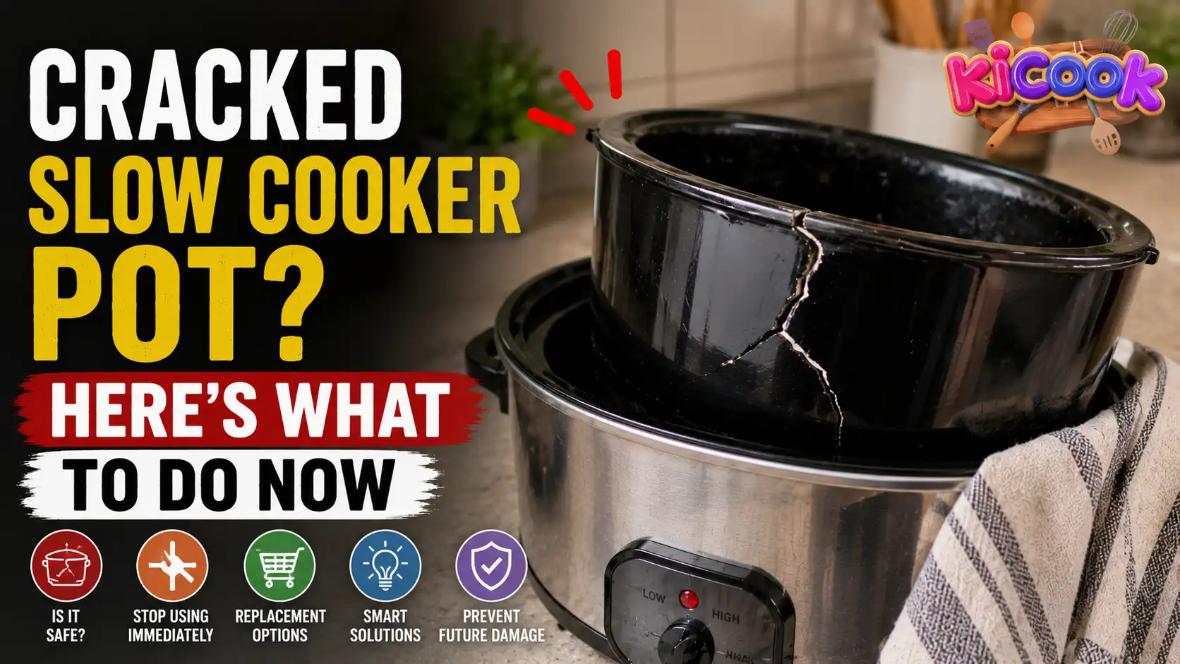 Realistic blog thumbnail showing a cracked slow cooker pot inside a cooker base with warning text and tips about what to do after a slow cooker pot cracks.