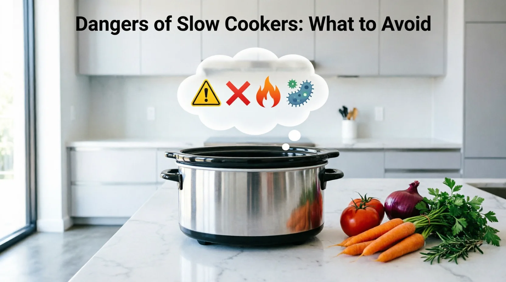 Stainless steel slow cooker on marble countertop with thought bubble showing warning icons - caution triangle, X mark, fire, and bacteria symbols - fresh vegetables nearby, text 'Dangers of Slow Cookers: What to Avoid