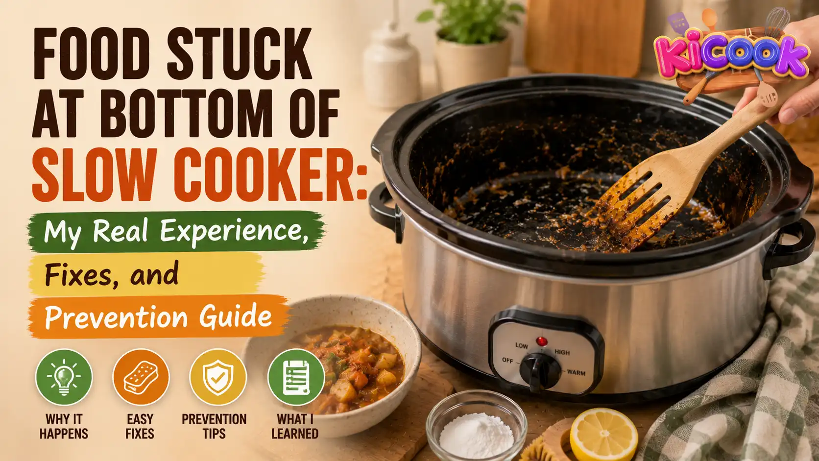 Realistic blog thumbnail showing burnt food stuck at the bottom of a slow cooker with cleaning tools and tips for fixing and preventing stuck food problems.