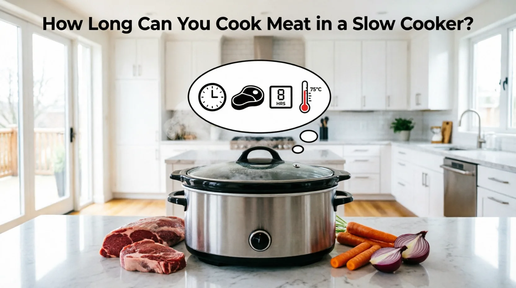 Stainless steel slow cooker on marble countertop with thought bubble showing clock, meat icon, 8 hours timer, and thermometer at 75°C, raw meat and fresh vegetables nearby, text 'How Long Can You Cook Meat in a Slow Cooker?