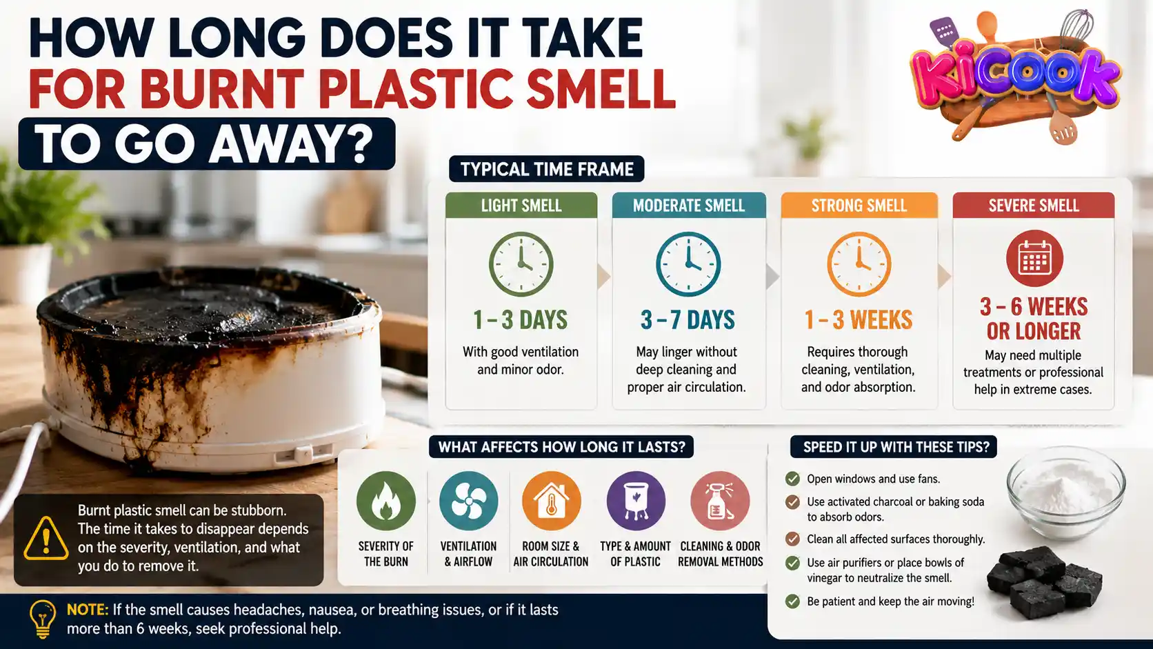Realistic infographic showing a burnt kitchen appliance with melted plastic residue and a timeline explaining how long burnt plastic smell can take to go away under different conditions.