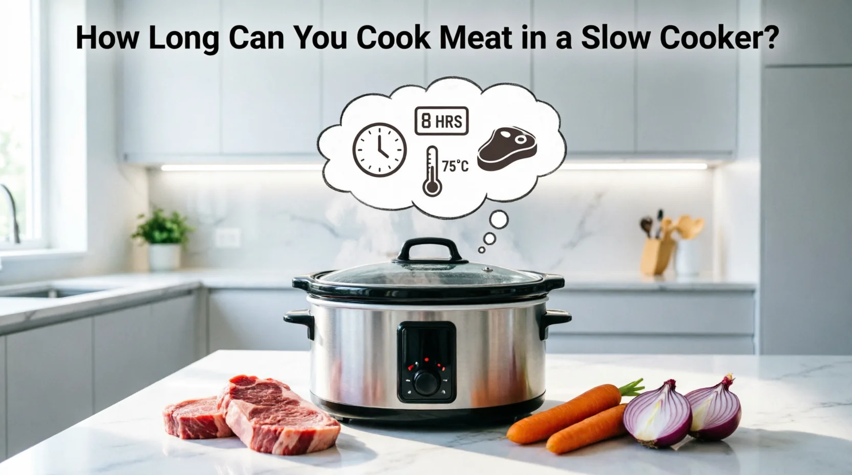 "Stainless steel slow cooker on marble countertop with thought bubble showing clock, 8 HRS timer, thermometer at 75°C, and meat icon, raw steaks and fresh vegetables nearby, text 'How Long Can You Cook Meat in a Slow Cooker?'"