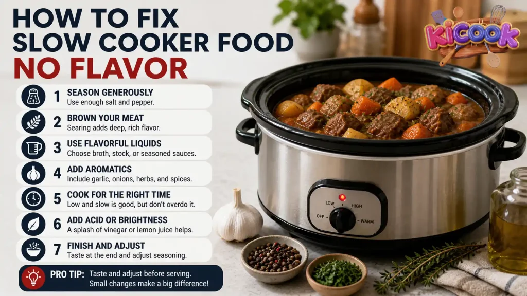 Realistic kitchen infographic showing a slow cooker with stew and steps on how to fix slow cooker food with no flavor, including seasoning, cooking time, and ingredient tips.