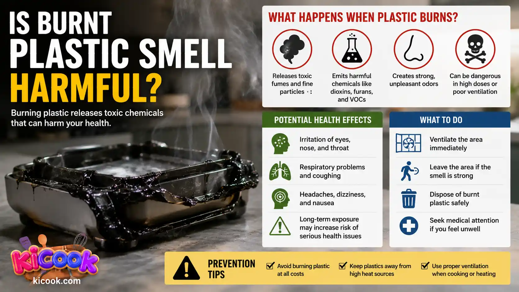 Realistic infographic showing a melted plastic container emitting smoke, explaining whether a burnt plastic smell is harmful, its health risks, and safety precautions.