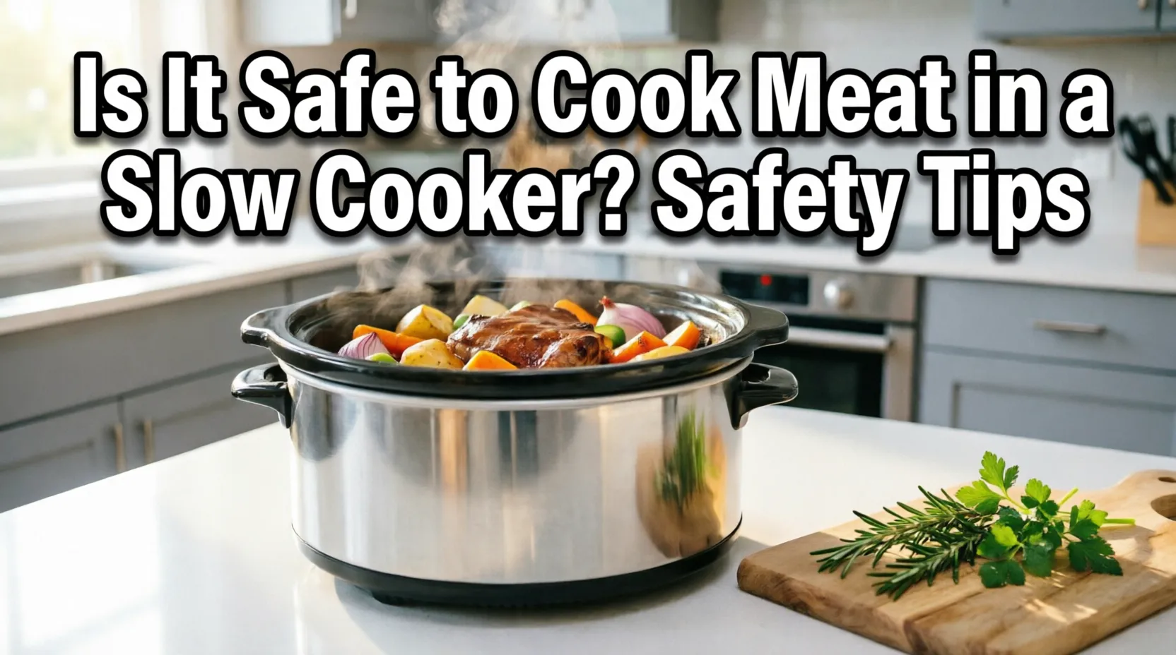 Stainless steel slow cooker filled with meat and vegetables on a modern kitchen counter with text 'Is It Safe to Cook Meat in a Slow Cooker? Safety Tips' and KiCook logo