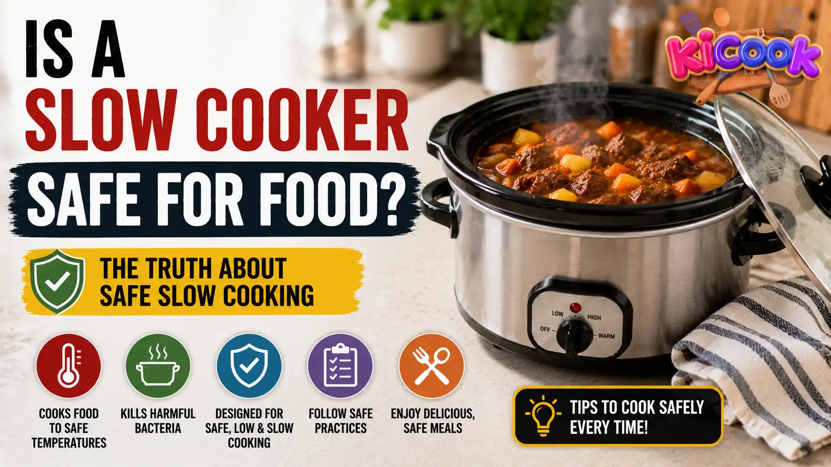 Realistic blog thumbnail showing a slow cooker filled with hot stew and text explaining whether a slow cooker is safe for cooking food.