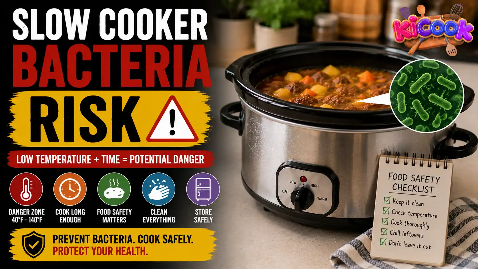 Realistic blog thumbnail showing a slow cooker with stew, bacteria warning graphics, and food safety checklist explaining slow cooker bacteria risks and safe cooking practices.