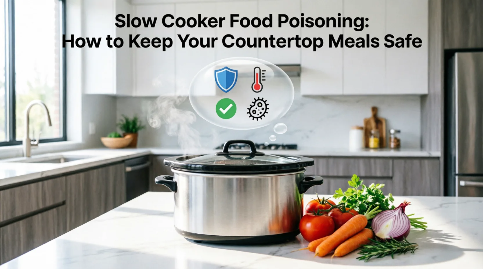 Stainless steel slow cooker with steam on marble countertop, thought bubble with food safety icons (shield, thermometer, checkmark, bacteria), fresh vegetables nearby, text 'Slow Cooker Food Poisoning: How to Keep Your Countertop Meals Safe