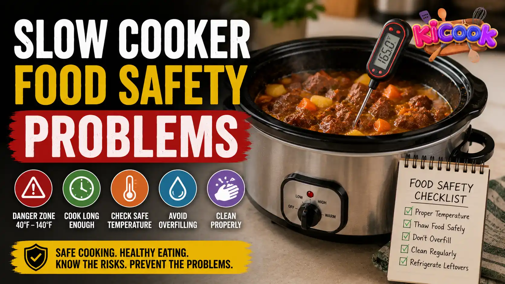 Realistic blog thumbnail showing a slow cooker with stew, a food thermometer, and food safety checklist explaining common slow cooker food safety problems.