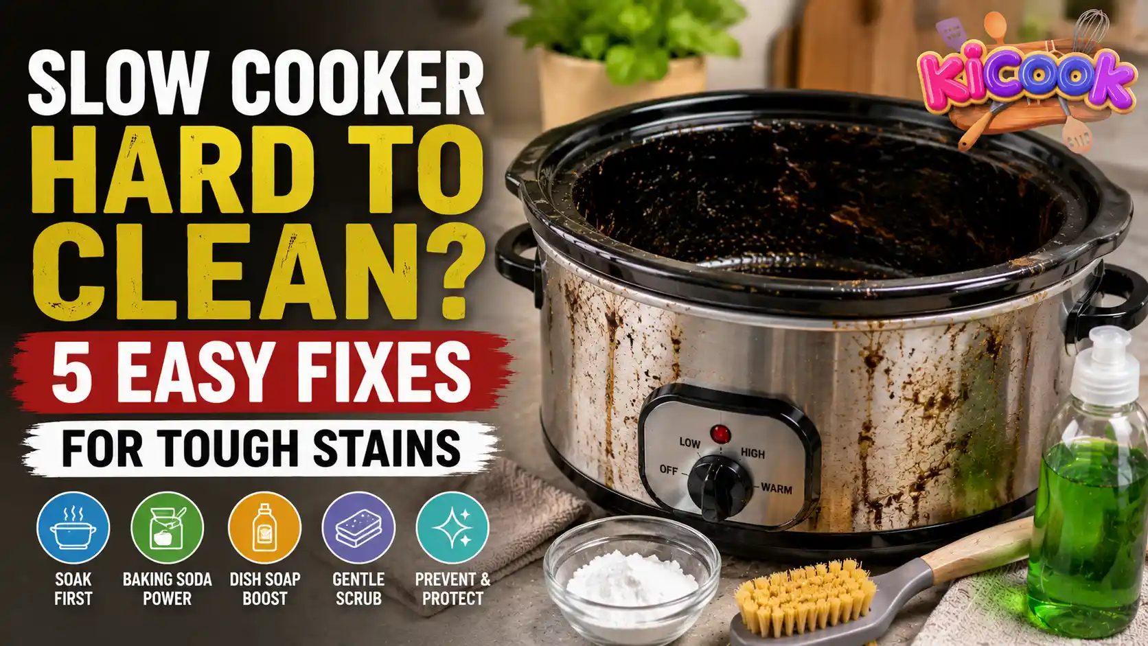 Realistic blog thumbnail showing a dirty slow cooker with tough stains, cleaning tools, and text about 5 easy fixes for cleaning hard-to-remove slow cooker stains.