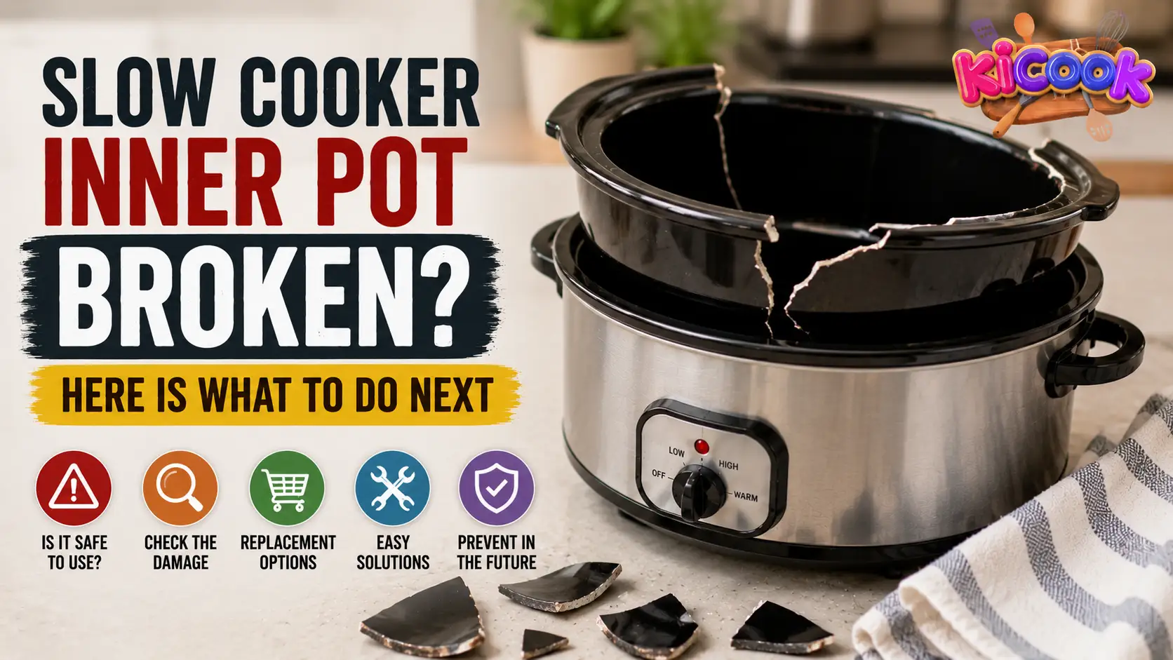 Realistic blog thumbnail showing a broken slow cooker inner pot with cracks, warning text, and tips about what to do after the inner pot breaks.